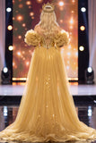 Robe de concours Maxi à paillettes dorée sirène dénudée à manches bouffantes