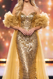 Robe de concours Maxi à paillettes dorée sirène dénudée à manches bouffantes