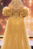Robe de concours Maxi à paillettes dorée sirène dénudée à manches bouffantes