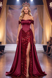 Corset bordeaux à épaule décollée robe de concours Maxi Pageant avec fente