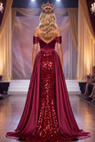 Corset bordeaux à épaule décollée robe de concours Maxi Pageant avec fente