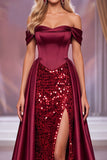 Corset bordeaux à épaule décollée robe de concours Maxi Pageant avec fente