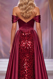 Corset bordeaux à épaule décollée robe de concours Maxi Pageant avec fente