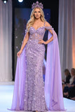 Robe de concours longue transparente à paillettes en fourreau lilas, épaule froide à épaules froides en 3D