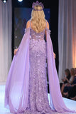 Robe de concours longue transparente à paillettes en fourreau lilas, épaule froide à épaules froides en 3D