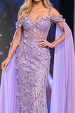 Robe de concours longue transparente à paillettes en fourreau lilas, épaule froide à épaules froides en 3D