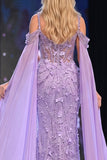 Robe de concours longue transparente à paillettes en fourreau lilas, épaule froide à épaules froides en 3D