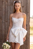 Corset ivoire Bodycon Strapless Dentelle Perles Courte Robe de douche nuptiale avec nœud