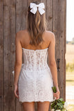 Corset ivoire Bodycon Strapless Dentelle Perles Courte Robe de douche nuptiale avec nœud