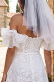 Robe de douche nuptiale à manches courtes, volants découverts et volants, en dentelle ivoire