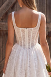 Corset ivoire A-line à col carré en dentelle, robe courte de douche nuptiale