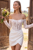 Corset bodycon ivoire épaulé décalé, perles en dentelle froncée, robe courte de douche nuptiale