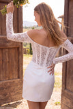 Corset bodycon ivoire épaulé décalé, perles en dentelle froncée, robe courte de douche nuptiale