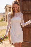 Robe douche nuptiale courte en d’ivoire, col bodycon illusion à manches longues en dentelle
