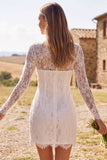 Robe douche nuptiale courte en d’ivoire, col bodycon illusion à manches longues en dentelle