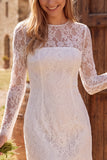 Robe douche nuptiale courte en d’ivoire, col bodycon illusion à manches longues en dentelle