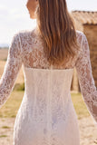 Robe douche nuptiale courte en d’ivoire, col bodycon illusion à manches longues en dentelle
