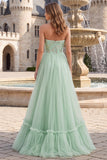 Robe de bal longue robe de bal en Sequins sans anneaux vert sauge En tulle ligne A