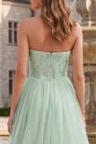 Robe de bal longue robe de bal en Sequins sans anneaux vert sauge En tulle ligne A