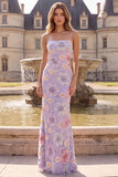 Robe de soirée longue lilas à fines bretelles, coupe sirène, à paillettes