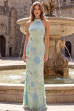 Robe longue de soirée vert sauge à col montant, à paillettes et à motifs floraux, coupe sirène