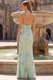 Robe longue de soirée vert sauge à col montant, à paillettes et à motifs floraux, coupe sirène