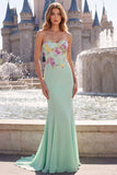 Robe de soirée longue à broderie florale et paillettes, coupe sirène, vert sauge