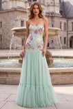 Robe de soirée longue à motifs floraux, sans bretelles, en tulle, coupe sirène, vert sauge, avec paillettes