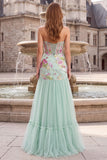 Robe de soirée longue à motifs floraux, sans bretelles, en tulle, coupe sirène, vert sauge, avec paillettes