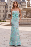 Robe de soirée longue vert menthe avec broderie florale, sans bretelles, coupe sirène et noeud en satin