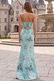 Robe de soirée longue vert menthe avec broderie florale, sans bretelles, coupe sirène et noeud en satin