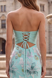 Robe de soirée longue vert menthe avec broderie florale, sans bretelles, coupe sirène et noeud en satin