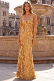 Robe de soirée longue dorée à fines bretelles, coupe sirène, à paillettes, à col V, avec de la dentelle au dos