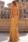Robe de soirée longue dorée à fines bretelles, coupe sirène, à paillettes, à col V, avec de la dentelle au dos