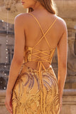 Robe de soirée longue dorée à fines bretelles, coupe sirène, à paillettes, à col V, avec de la dentelle au dos
