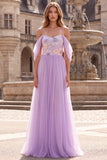 Broderie florale sur robe de soirée lilas à épaules ajourées, ligne A, longue en tulle