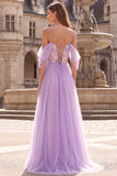 Broderie florale sur robe de soirée lilas à épaules ajourées, ligne A, longue en tulle