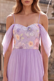 Broderie florale sur robe de soirée lilas à épaules ajourées, ligne A, longue en tulle