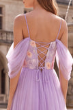 Broderie florale sur robe de soirée lilas à épaules ajourées, ligne A, longue en tulle