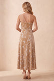 Robe longue d'invitée de mariage champagne ligne A à une épaule en velours