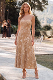 Robe longue d'invitée de mariage champagne ligne A à une épaule en velours