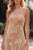 Robe longue d'invitée de mariage champagne ligne A à une épaule en velours