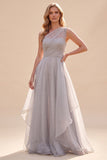 Robe longue grise ligne A à une épaule en organza, mère de la mariée