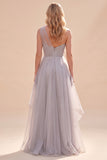 Robe longue grise ligne A à une épaule en organza, mère de la mariée