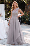 Robe longue grise ligne A à une épaule en organza, mère de la mariée