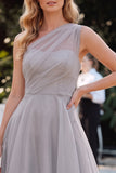 Robe longue grise ligne A à une épaule en organza, mère de la mariée