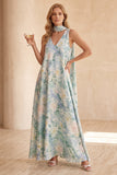 Robe longue bleu clair ligne A à col V à fleurs avec foulard au col, Robes invitée mariage