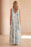 Robe longue bleu clair ligne A à col V à fleurs avec foulard au col, Robes invitée mariage