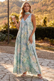 Robe longue bleu clair ligne A à col V à fleurs avec foulard au col, Robes invitée mariage