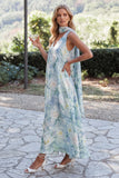 Robe longue bleu clair ligne A à col V à fleurs avec foulard au col, Robes invitée mariage